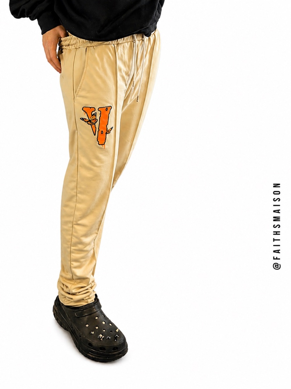 Men's Beige Jogger Pants with Orange Patch Detail